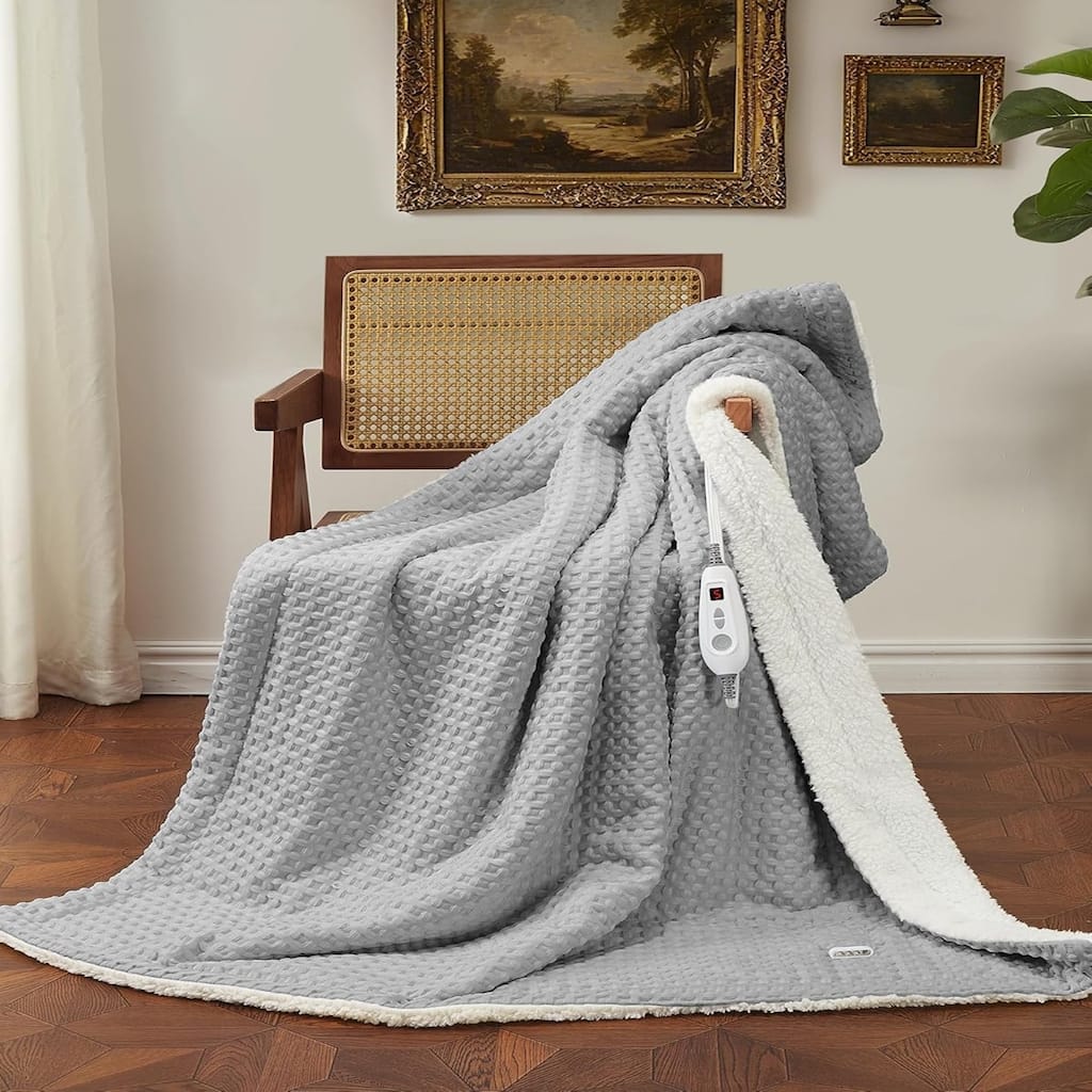 Waffle Weave Heated Blanket Throw Gray