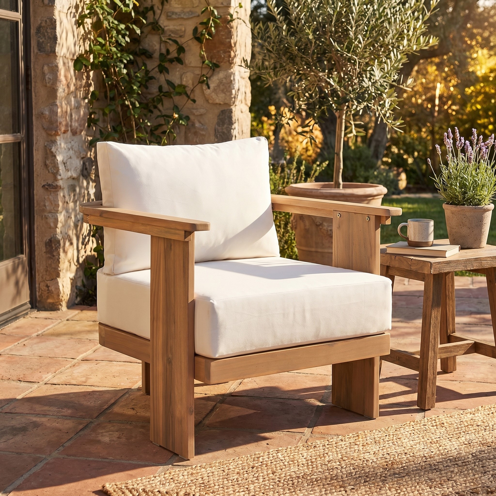 Christopher Knight Home - Solterra Mid-Century Outdoor Lounge Chair, Acacia Wood Frame, Water-Resistant Cushions & Armrests