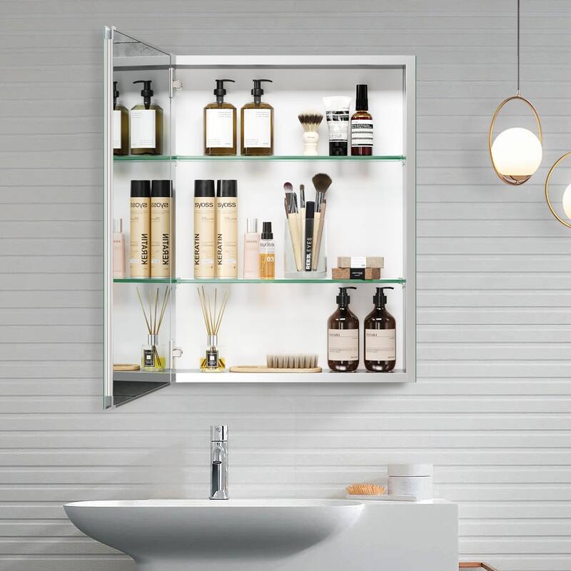 Bathroom Medicine Cabinet with Invisible Handle, Soft-Closing Hinge, Adjustable Glass Shelves