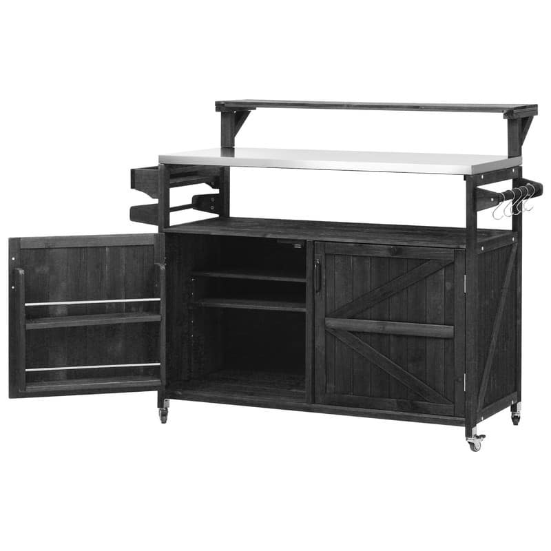 Outdoor Kitchen Island, Solid Wood Storage Cabinet with Stainless Steel Top and Lockable Wheels