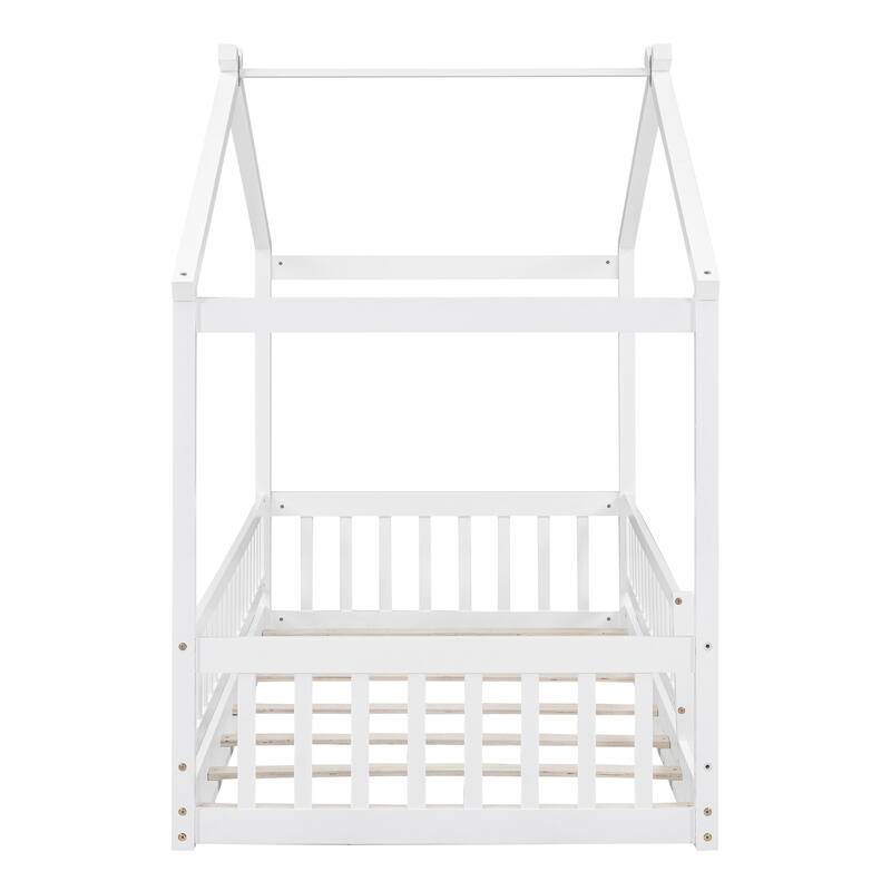 Twin Size House Bed Frame with Fence and Roof, Kids Playhouse Design