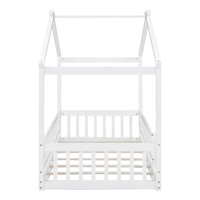Twin Size House Bed for Kids, Floor Bed with Safety Guardrail, Wooden ...