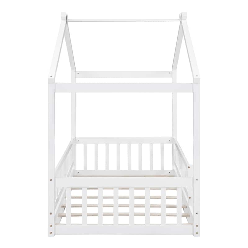 Twin Size Wood House Bed Frame with Roof and Fence, for Kids, Teens, Girls, Boys