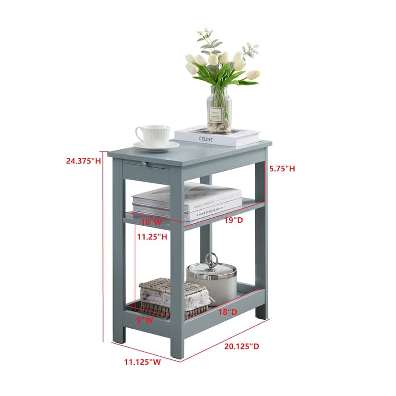 Slim Wood Side End Table with Storage Shelves & Pull-Out Tray, Nightstand for Bedroom, Living Room - 20"L x 11"W x 24"H