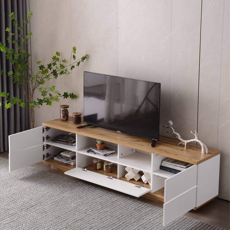 White+Natural 70.8" TV Stand with Multi-Functional Storage and Door Rebound Device for TVs Up to 80"
