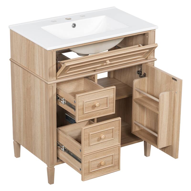 Roomfitters 30" Bathroom Vanity with Sink, Solid Wood Frame, Flip-Out Drawer, 2 Soft-Close Drawers & Door