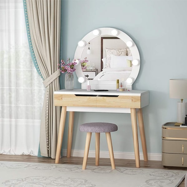 Wood Makeup Vanity Table Set with 8 LED Light Mirror 2 Drawers. Opens flyout.
