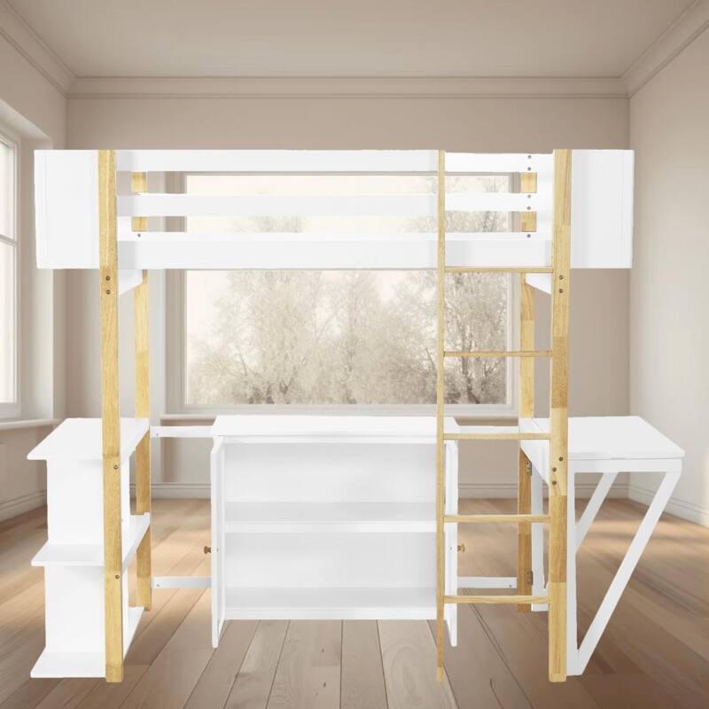 Space-Saving Twin Size Wooden Loft Platform Bed Frame with Storage Cabinet and Foldable Desk, Modern and Stylish for Bedroom - White - Twin