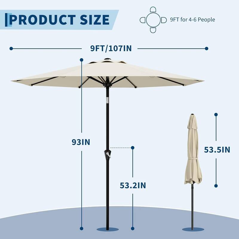 9FT Patio Umbrella with Smooth Crank Lift UV Protection Waterproof for Pool, Deck, Yard, Garden (No Base)