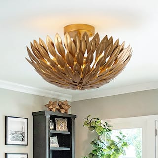 Antique Gold Olive Leaf 3-Light Semi Flush Mount Ceiling Light - 16" W x 10.1" H