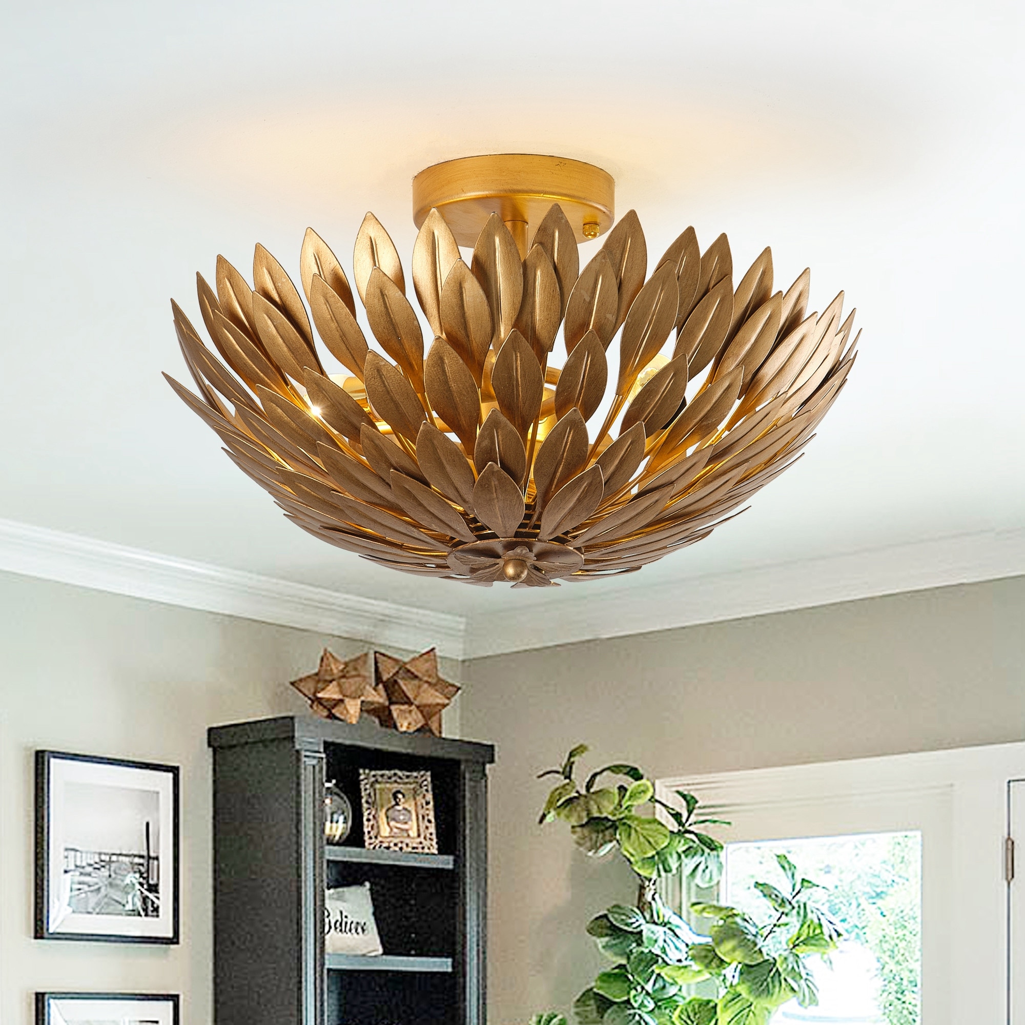 16" Antique Brass Metal Rustic Olive Leaf 3 Light Semi Flush Mount Ceiling Light for Entryway - 16" W x 10.1" H