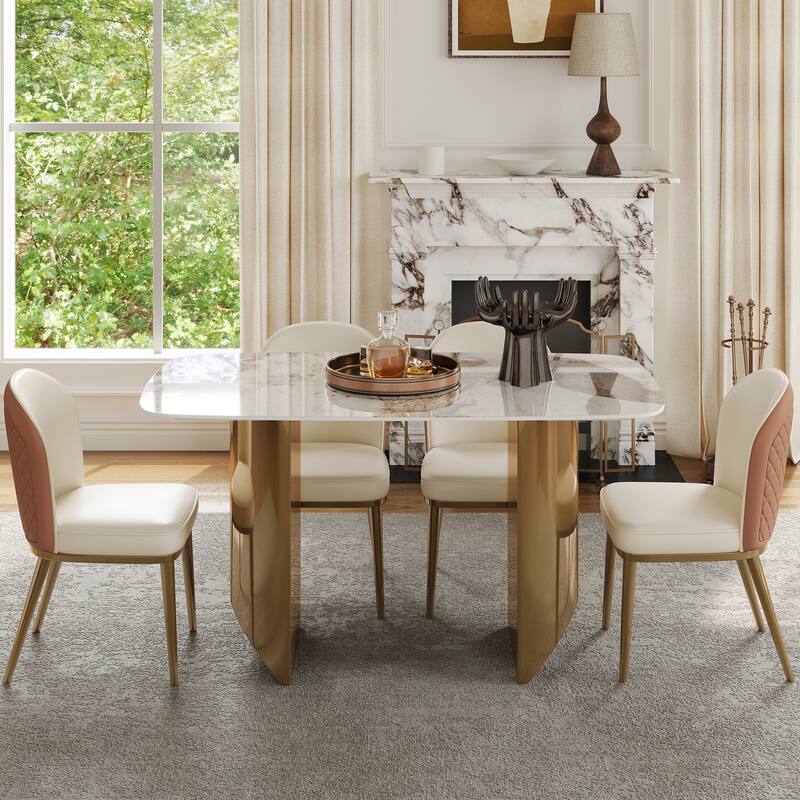 White Rectangular Sintered Stone Dining Table with Double Pedestals