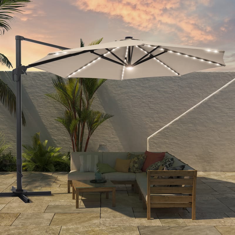 BONOSUKI 11FT LED Cantilever Patio Umbrella Angle Adjustment w/Cross Base - Beige