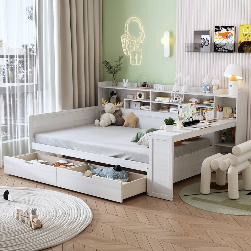 Wood Twin/Full Size Daybed with Storage Shelves, Two Storage Drawers and Study Desk