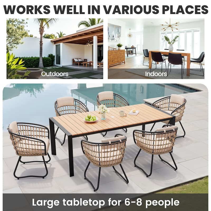 7-Piece Outdoor Patio Dining Set Aluminum Table with Umbrella Hole with Rattan Chairs