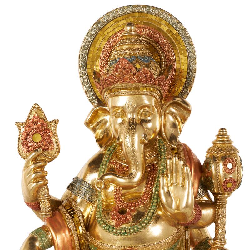 Gold Resin Ganesh Decorative Sculpture with Green, Blue, and Red Accents