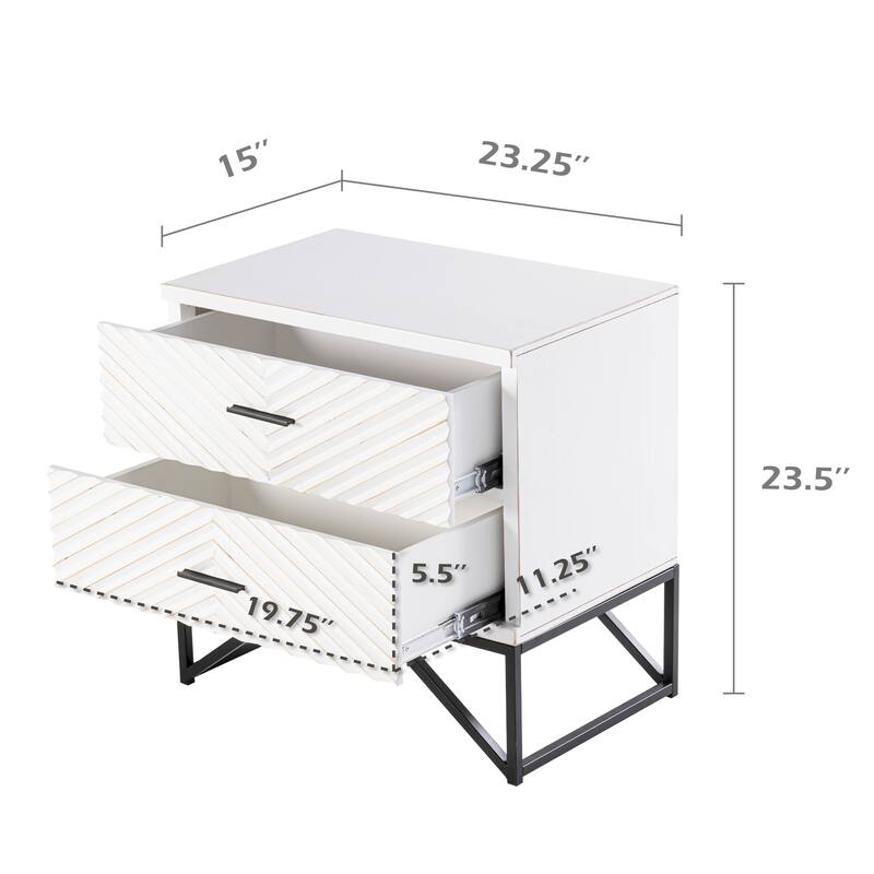 COZAYH Modern 2-Drawer Nightstand, Contemporary Line Accent End Side Table with Black Metal Base for Bedroom, Living Room