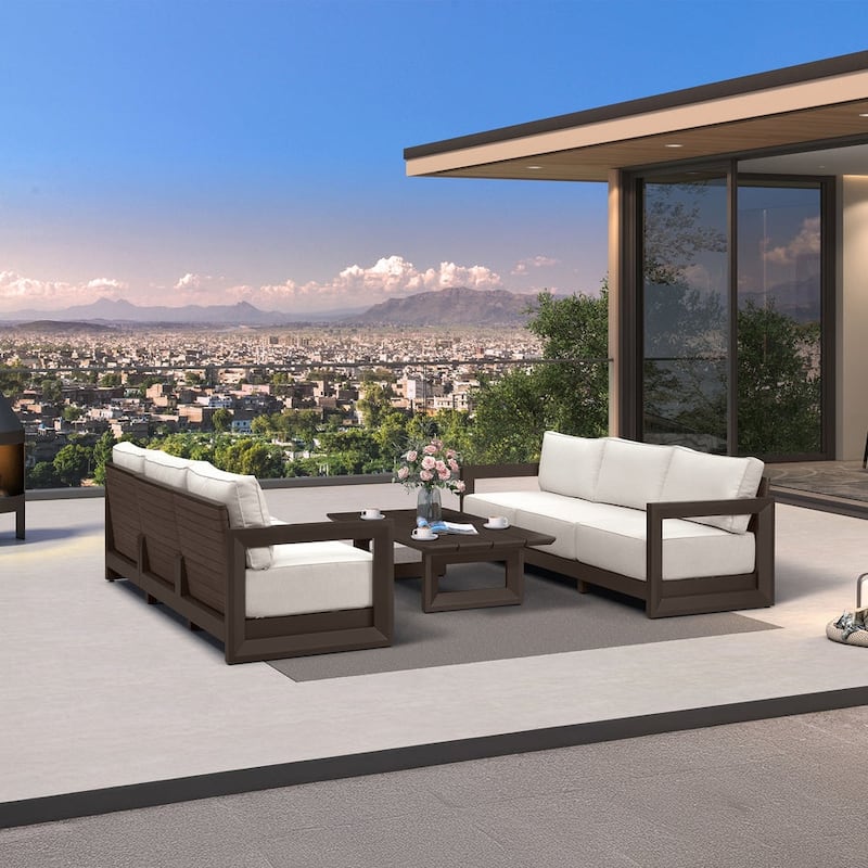 PURPLE LEAF Caesar Outdoor Couch with 9.6" white Thick Cushion and Table for Yard Porch Deck Outdoor Patio Conversation Sets - 6 Seats+1 Table - Open-End