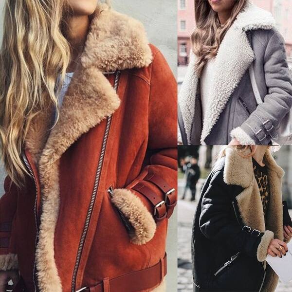Shop Winter Suede Faux Fur Lapel Buckle Strap Long Sleeve Women