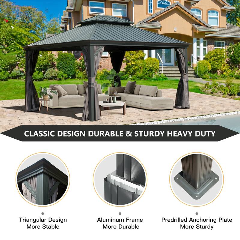 10' X 12' Hardtop Metal Gazebo with Double Roof, Aluminum Frame, Curtains and Netting for Patio, Deck, Garden, Grey