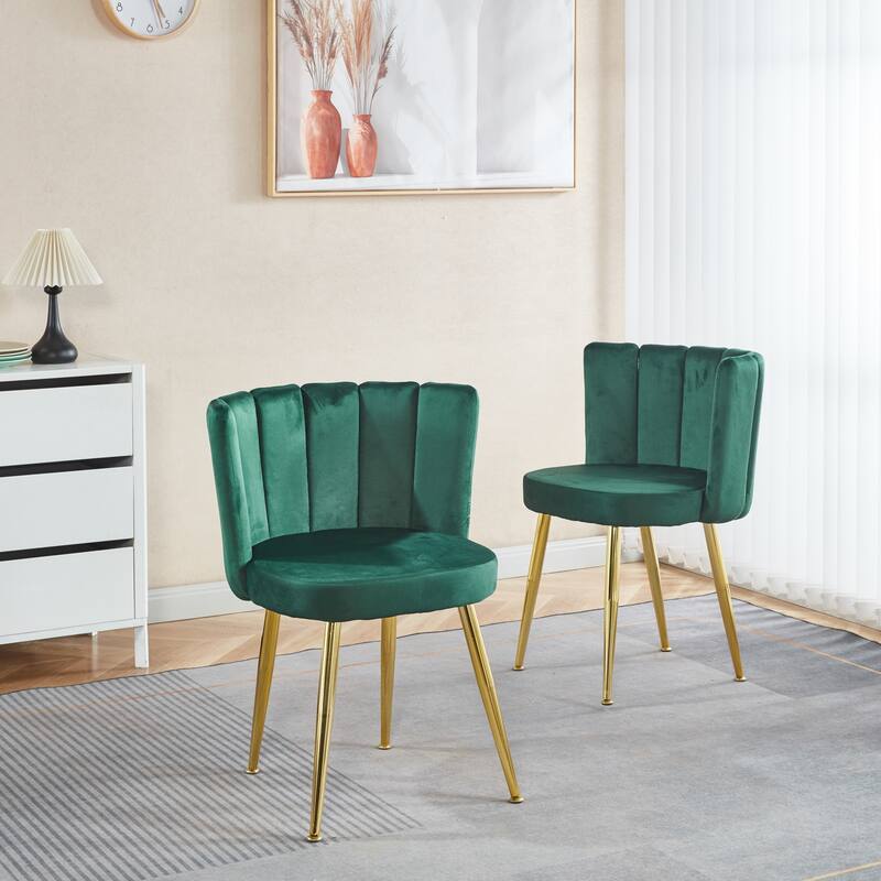 Modern Velvet Dining Chair Set of 2, with Iron Tube Golden Legs and Comfortable Backrest - Green