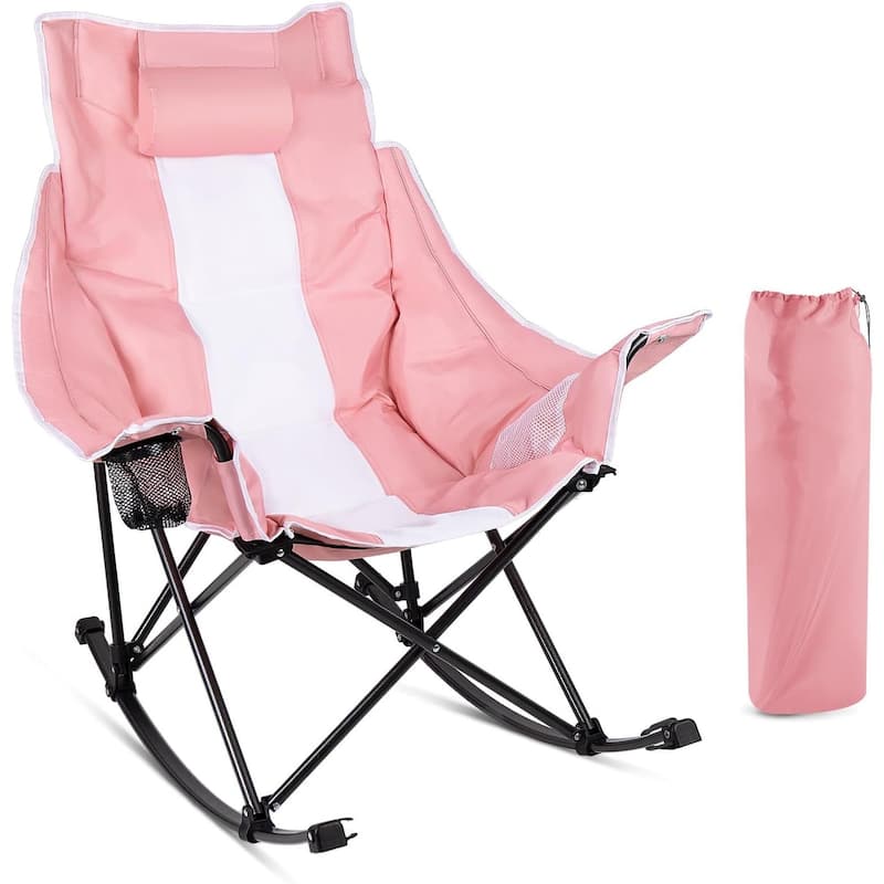 BOSSIN Heavy-Duty Oversized Rocking Camp Chair, Portable Folding w/Cup Holder, Cooler & Pocket for Camping, Beach, Backyard - Pink