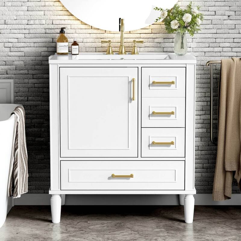 30" Ceramic Sink Bathroom Vanity with Gold Handles, Soft-Close Storage & Space-Saving Design