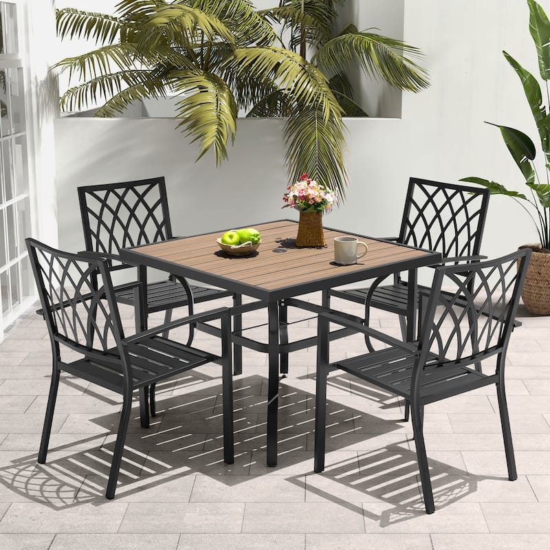 5PCS Patio Metal Dining Set with Umbrella Hole and Faux Wood Tabletop - Black