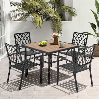 5PCS Patio Metal Dining Set with Umbrella Hole and Faux Wood Tabletop
