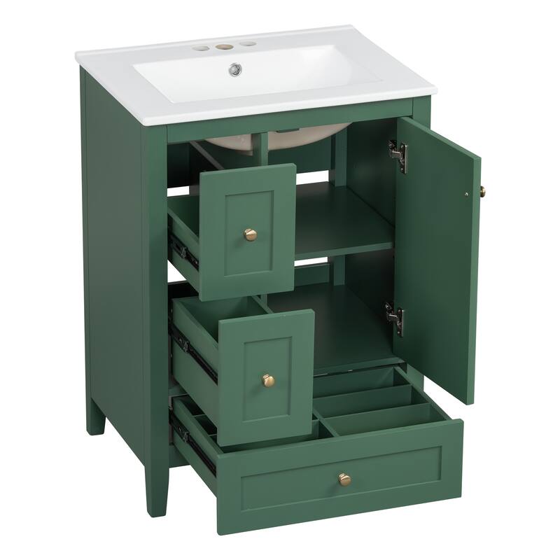 24-Inch Bathroom Vanity with Storage, Adjustable Shelf, MDF & Rubberwood, Removable Dividers