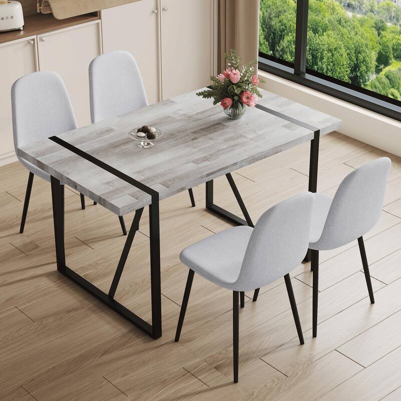 Roomfitters 5/7pcs Retro Dining Table Set with Textured Top and Linen Fabric Chairs, Black Metal Legs, Light Gray