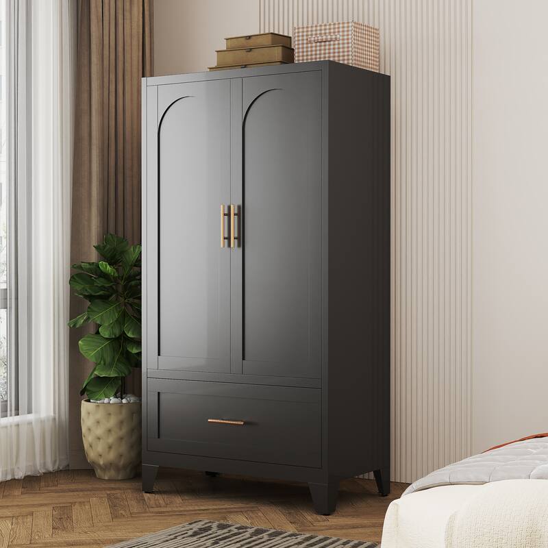60" Tall Metal Wardrobe Cabinet with Drawer, Hanging Rod & Shelf, 2-Door Closet