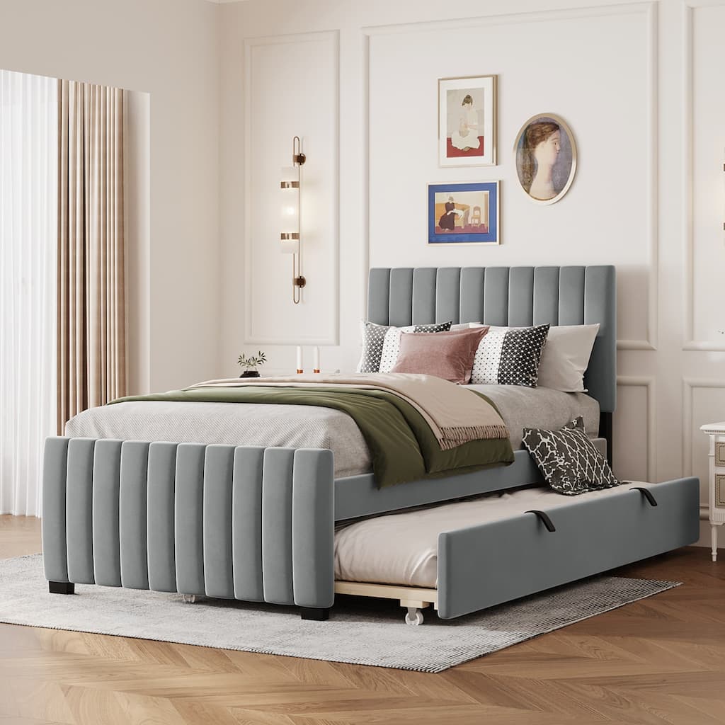 Twin Size Platform Bed Stylish Velvet Upholstered Bed Frame with Headboard and Footboard & Pull Out Twin Size Trundle, Grey