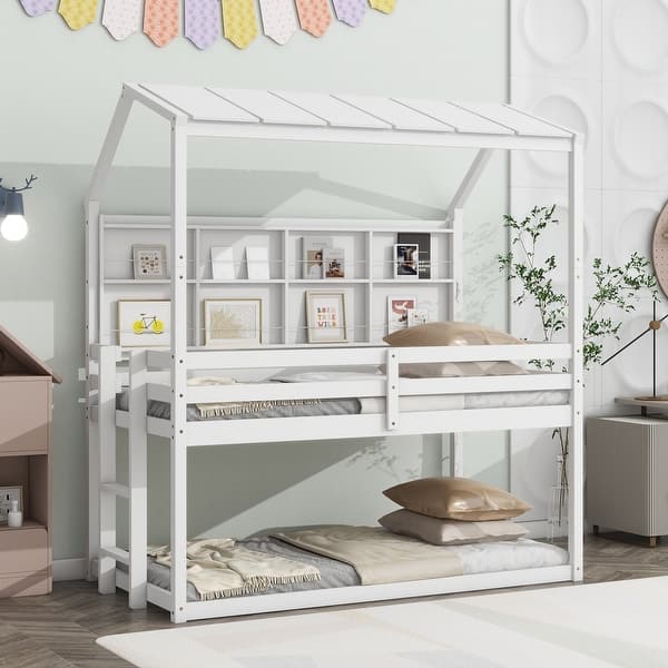 slide 2 of 11, White Twin over Twin Size Wood Low Bunk Bed with Semi-enclosed Roof, Guardrails, Bedside Shelves and Ladder White