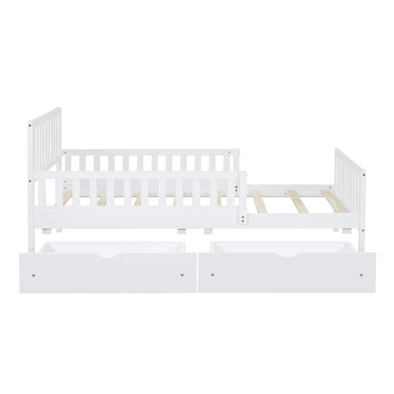 White Twin Size Wooden Platform Bed with Guardrails on Both Sides and Two Storage Drawers
