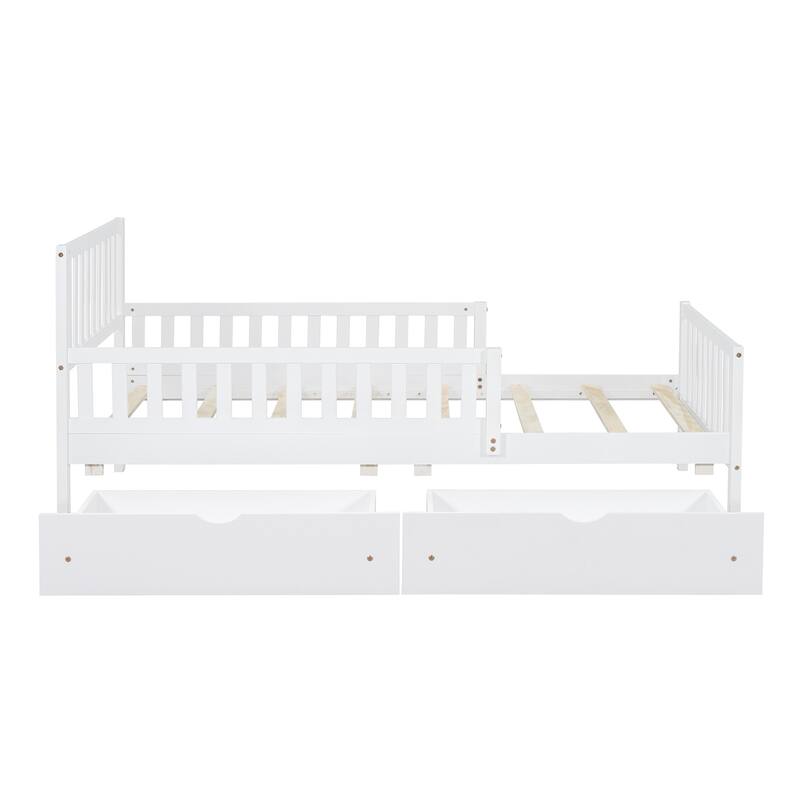 Wood Bed with Guardrails and Two Storage Drawers