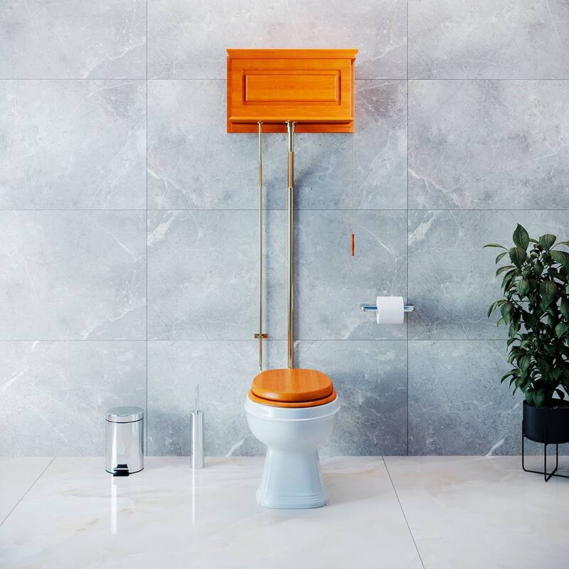 High Tank Toilet Light Oak Finish Wooden Tank, Round Porcelain Bowl and Brass L Pipes Renovators Supply