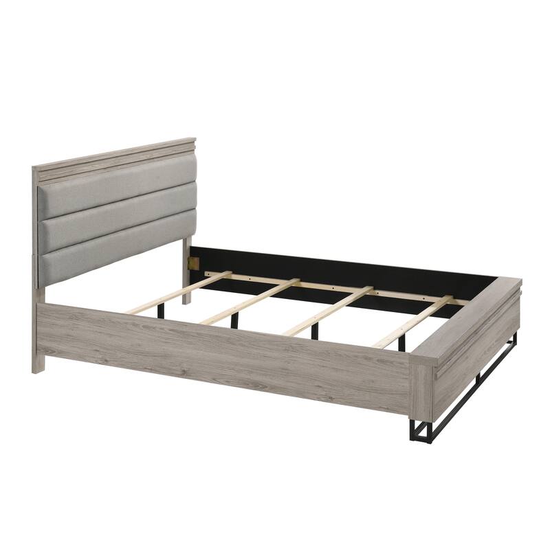 Roundhill Furniture Alvear Wallbed Bed with White LED Lights, Dresser, Mirror, and 2 Nightstands, Weathered Gray