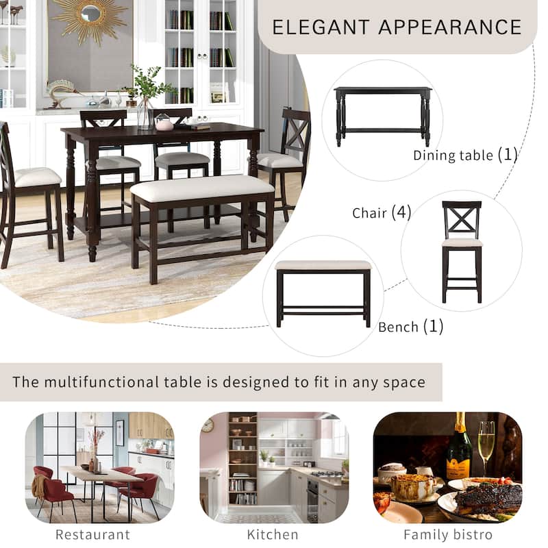 6-Piece Counter Height Dining Table Set, Under Table Storage Shelf, Upholstered 4 Chairs & Bench, Tapered Legs