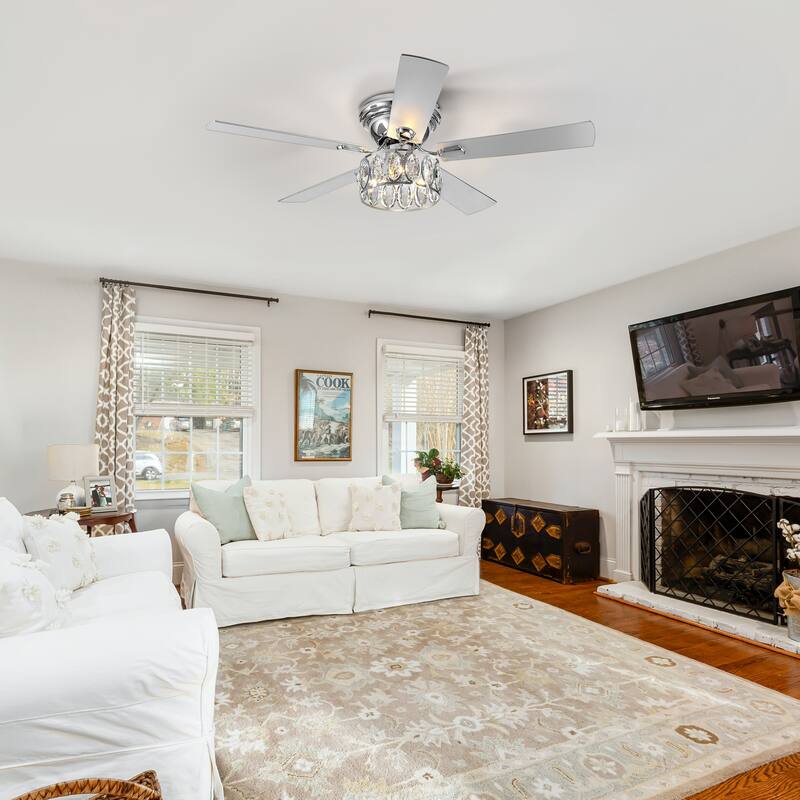 52 inch 5-Blade Flush Mount Crystal Ceiling Fan with Light Remote