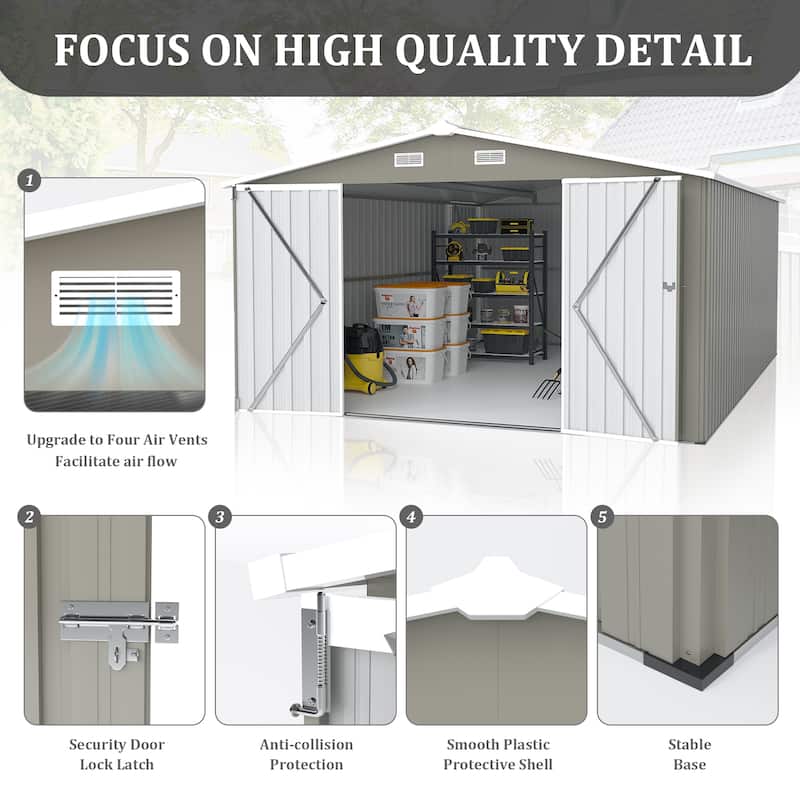 10X14 FT Outdoor Storage Shed with 3 Lockable Doors, 4 Vents
