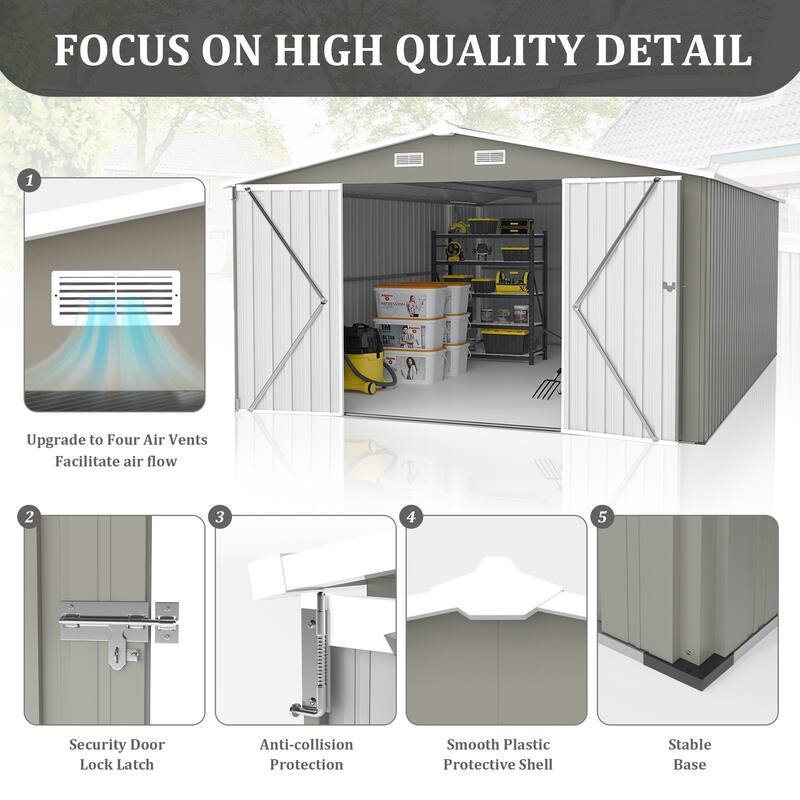 Campcraft Outdoor Storage Shed 10×14 FT with 3 Lockable Doors,4 Air Vents & Sloped Roof,Utility Tool Shed