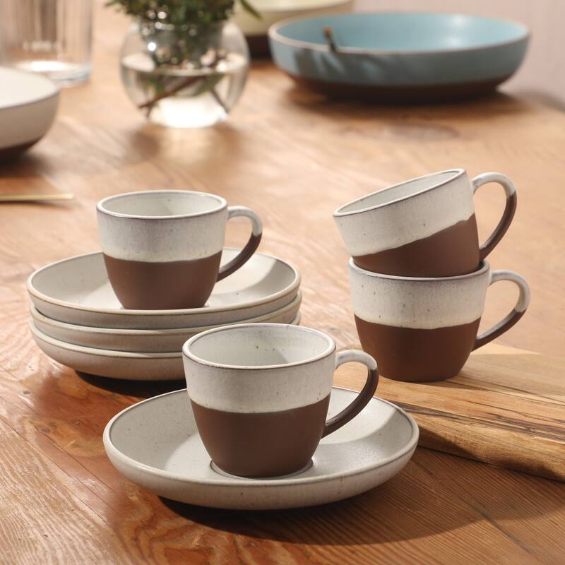 Gibson Elite William Crest 8 Piece Cup & Saucer -3.5oz Espresso Cups, 5.5" Saucers Reactive Stoneware Set