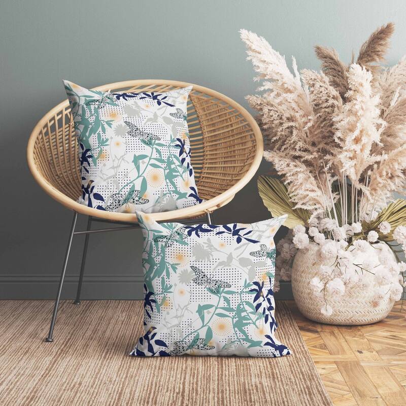 Butterfly Floral Orbit Indoor/Outdoor Reversible Throw Pillow Blue and White