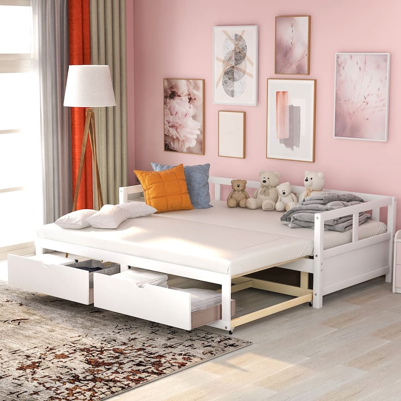 Twin to King Wood Daybed with Trundle and Drawers - White - Twin/King