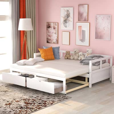 Wooden Daybed with Trundle Bed and Two Storage Drawers