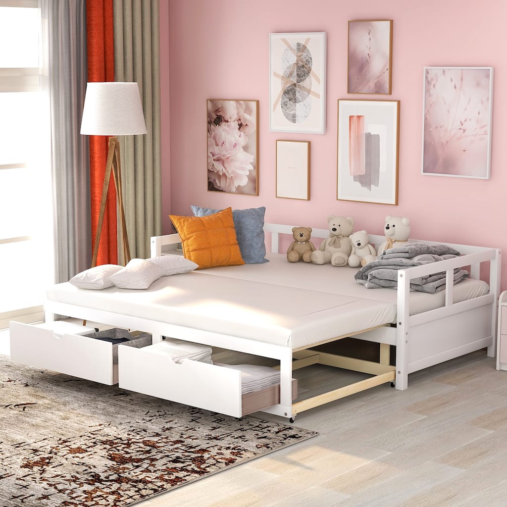 Wooden Daybed with Trundle Bed and Two Storage Drawers