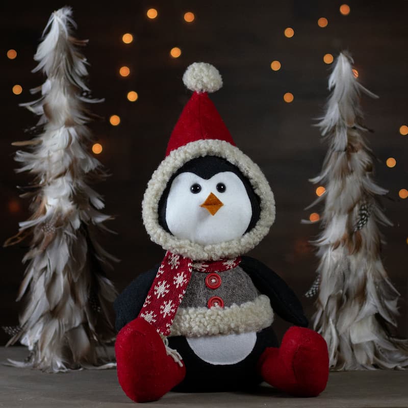 15-Inch Red White and Gray Sitting Winter Penguin Christmas Tabletop Decoration - 15"