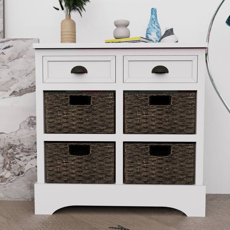 Rustic Storage Cabinet with Two Drawers and Four Classic Rattan Basket for Dining Room/Entryway/Living Room - White
