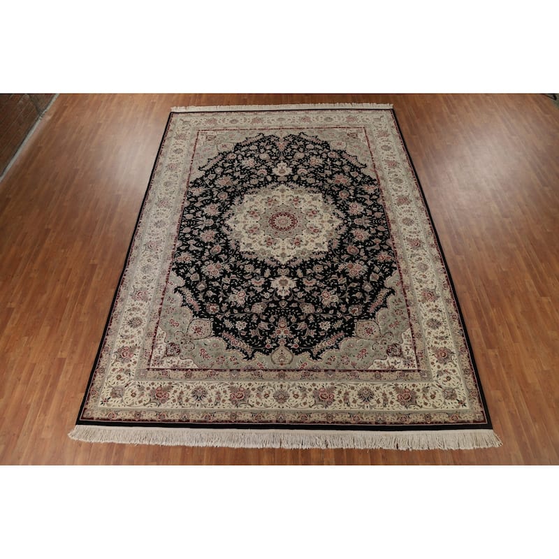 Black Aubusson Chinese Vintage Large Rug Hand-Knotted Wool Carpet - 10'3" x 14'1"